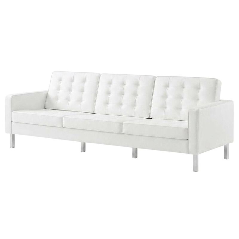Tufted Vegan Leather Sofa, Faux Leather Couch for Living Room, Silver White image number 1
