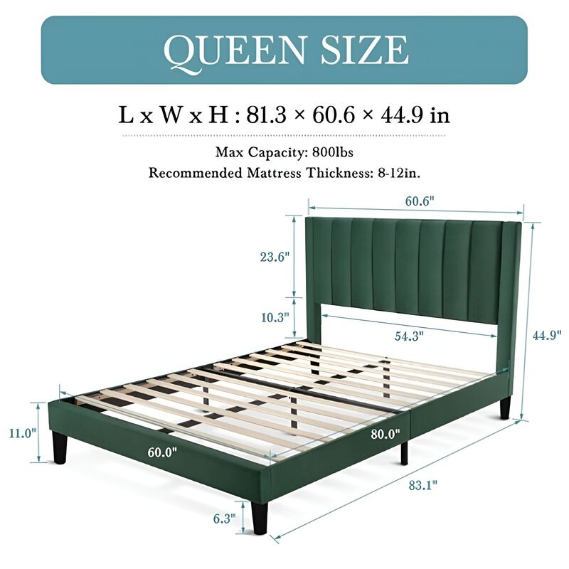 Modern Velvet Upholstered Platform Bed Frame &ndash; Supportive Headboard with Platform Base