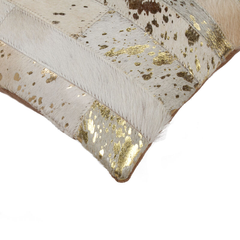 HomeRoots Set of Two 12" X 20" Natural and Gold Patchwork Cowhide Lumbar Throw Pillows with Glitter image number 4
