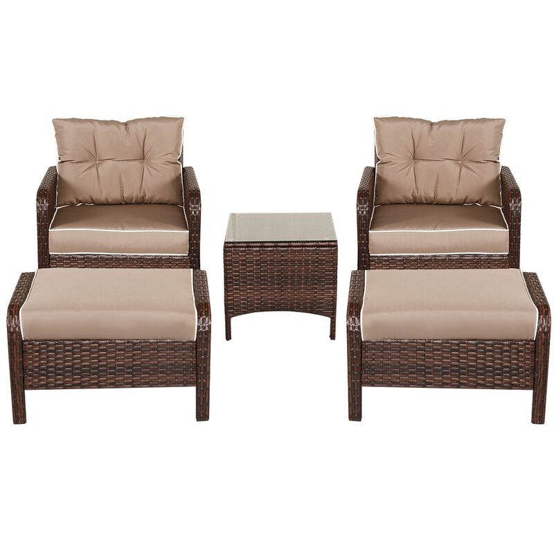 5-Piece Patio Rattan Sofa and Ottoman Set with Cushions, Stylish Outdoor Furniture
