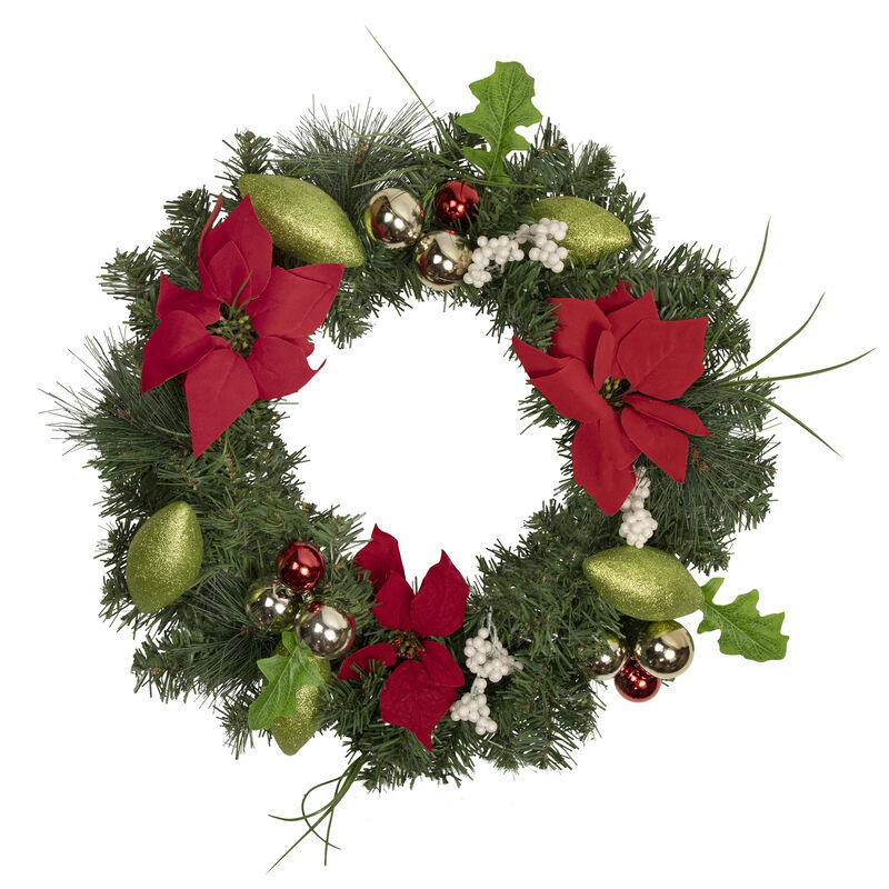 Decorated Red and Green Poinsettia and Pine Artificial Christmas Wreath  24-inch  Unlit image number 0