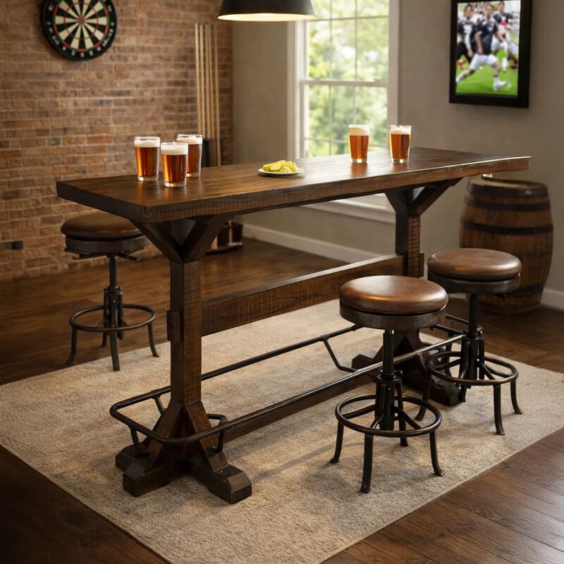 Flint Pub Bar Table, Black Metal Foot Rail, 78 Inch, Dark Brown Wood image number 1