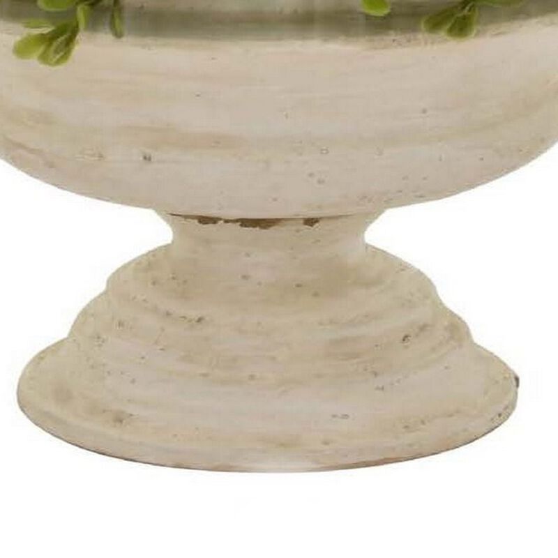 15 Inch Faux Boxwood Topiary Plant in Urn Pedestal Pot, Off White Planter - Benzara
