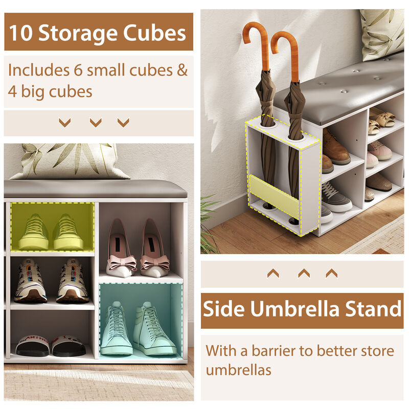 Shoe Storage Bench with Umbrella Holder and Adjustable Shelf for Hallway