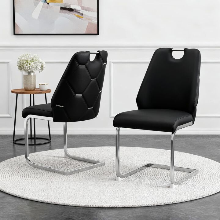 Set of 2 PU Leather Dining Chairs, High Back Upholstered Dining Chair with Ring Pull Handle, Modern Rectangular Back Dining Chair