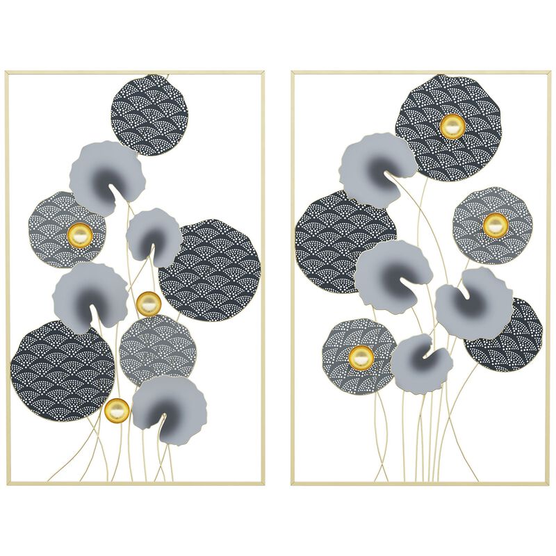 Grey/Gold Wall Art: 3D Metal Lotus Leaves Set for Room Decor