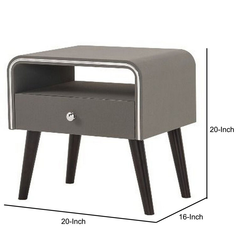 Curved Edge 1 Drawer Nightstand with Chrome Trim, Gray and Brown-Benzara image number 5
