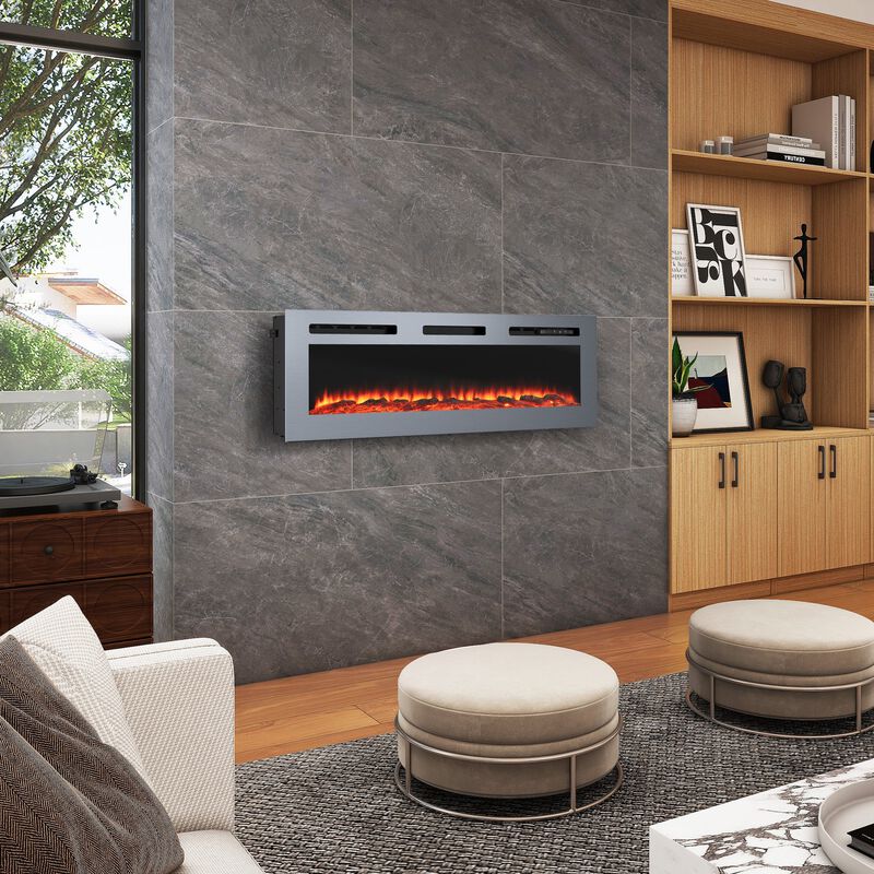 MONDAWE 50 Inch Stainless Steel Recessed Electric Fireplace with Remote Control and Timing Function