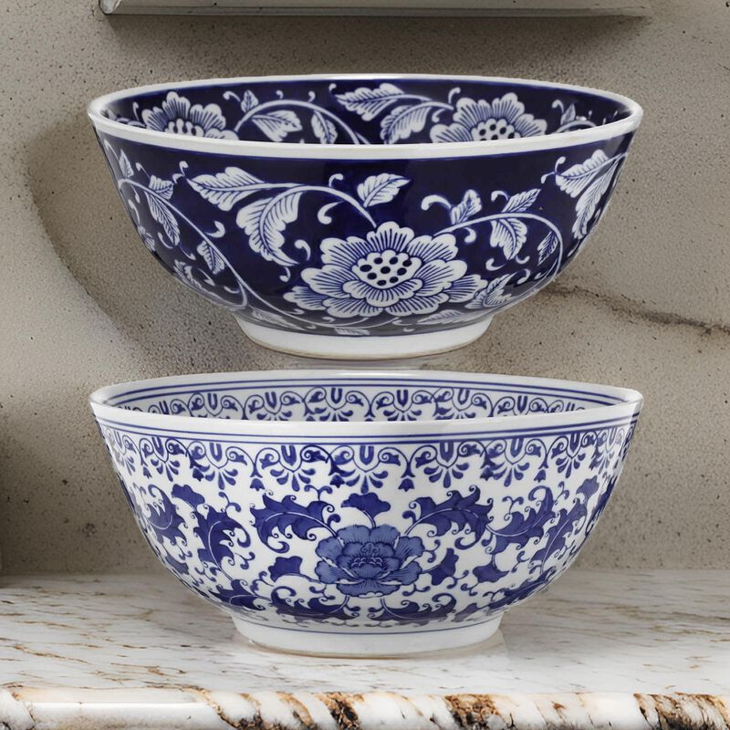 Round Ceramic Bowl with Floral Print, Set of 2, Blue And White, image number 1