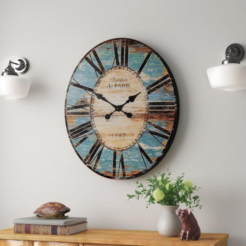 Hivvago Turquoise Oversized Distressed Paris Wood Wall Clock