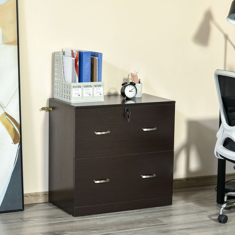 Espresso File Organizer: 2-Drawer Cabinet with Lock for A4 Size