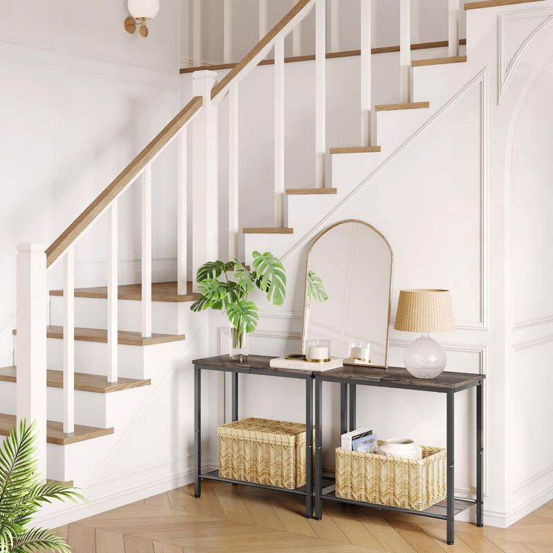 Hoctieon 2 Tier End Table, Sofa Side Table, Narrow Side Table with Storage, Slim Nightstand for Small Spaces, Metal Frame, for L