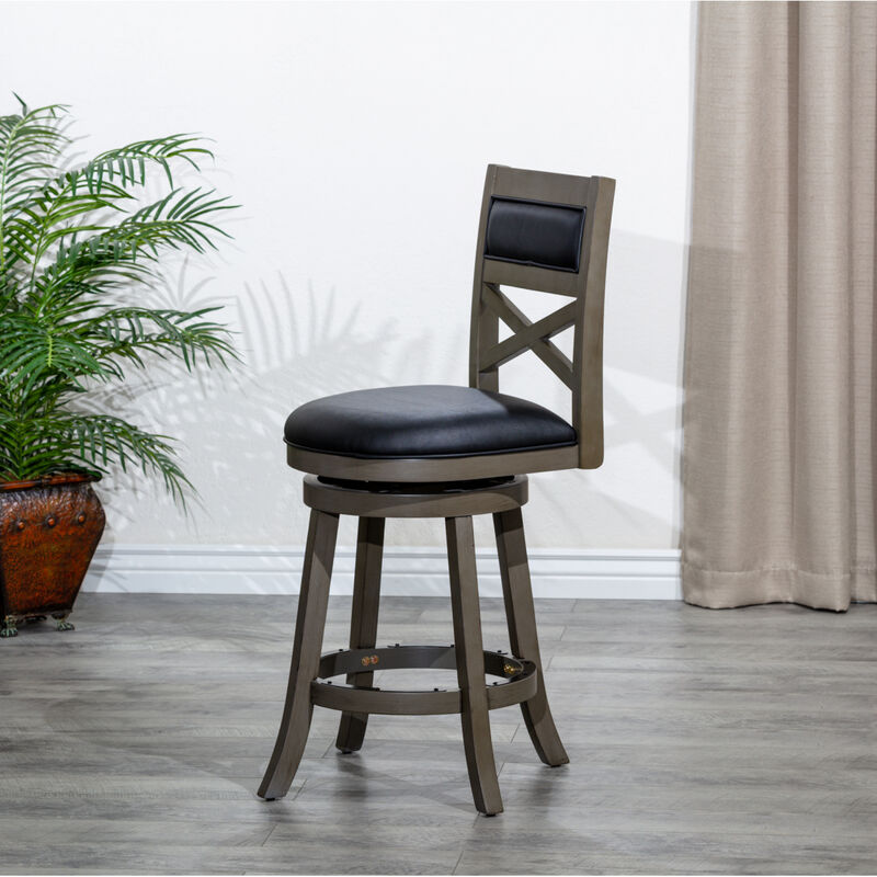24" Counter Height X-Back Swivel Stool, Weathered Gray Finish, Black Leather Seat