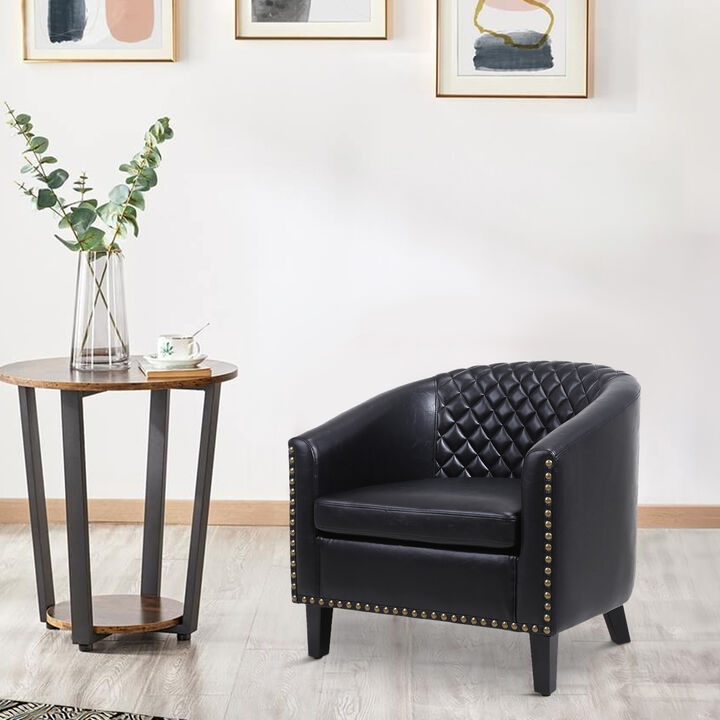 Leatherette Accent Chair with Nailhead Trim and Diamond Stitch, Black - Benzara