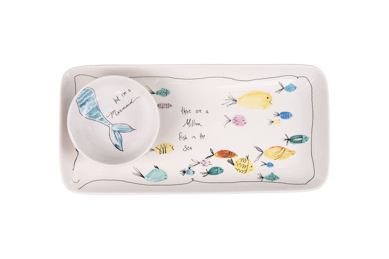 Coastal Rectangle Stoneware Platter with Dish, Mermaid, and Sea life Illustrations, Multicolor image number 0