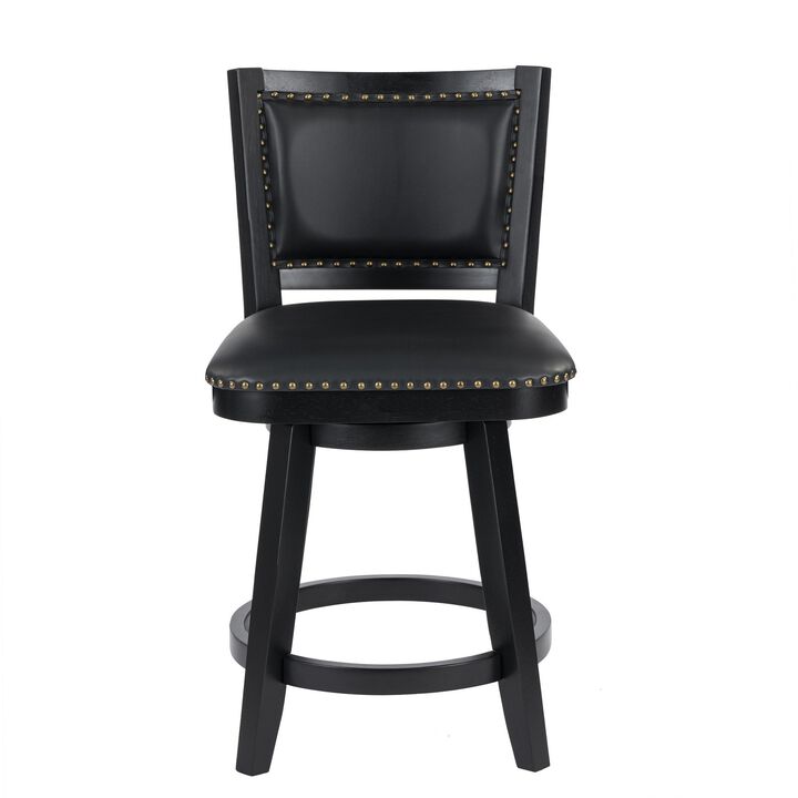 Kera Swivel Counter Height Stool Chair, Black Wood, Nailhead Faux Leather - Benzara