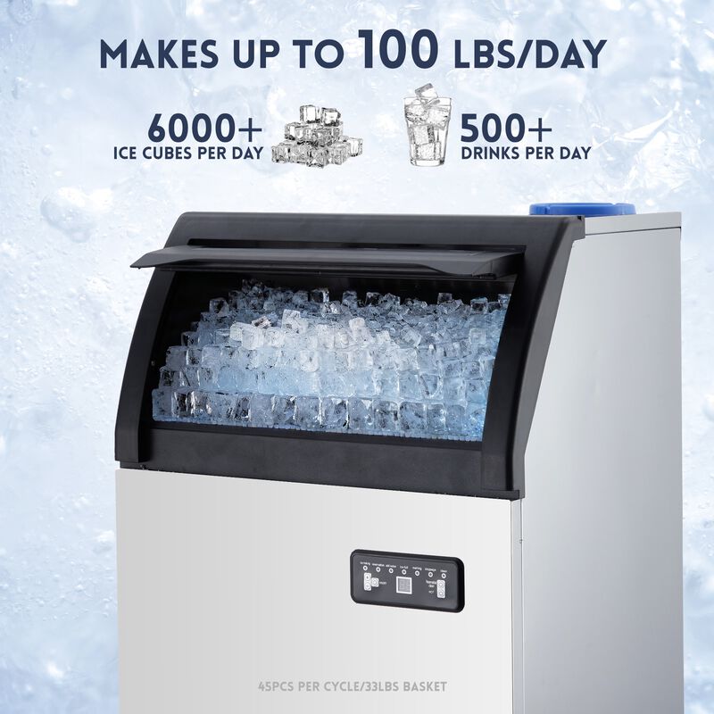 Commercial Ice Maker, 100 LBS/24H Self-Cleaning, 2 Water Inlet Modes&Storage Bin for Bar, Restaurant image number 1