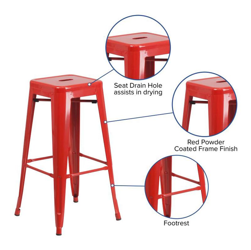 Flash Furniture Commercial Grade 30" High Backless Red Metal Indoor-Outdoor BarStool with Square Seat