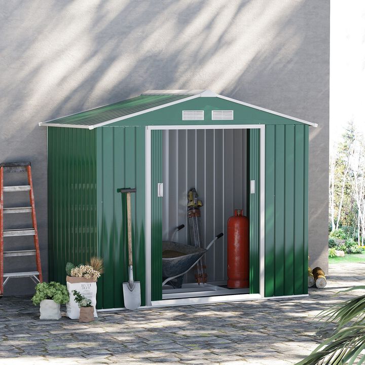 7' x 4' Steel Storage Shed Organizer, Garden Tool house with 4 Vents and 2 Easy Sliding Doors for Backyard, Patio, Garage, Lawn, Green