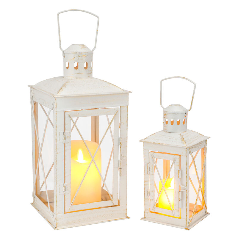 HomeRoots Set of Two Clear And White Glass And Metal Tabletop Lantern Candle Holders image number 0