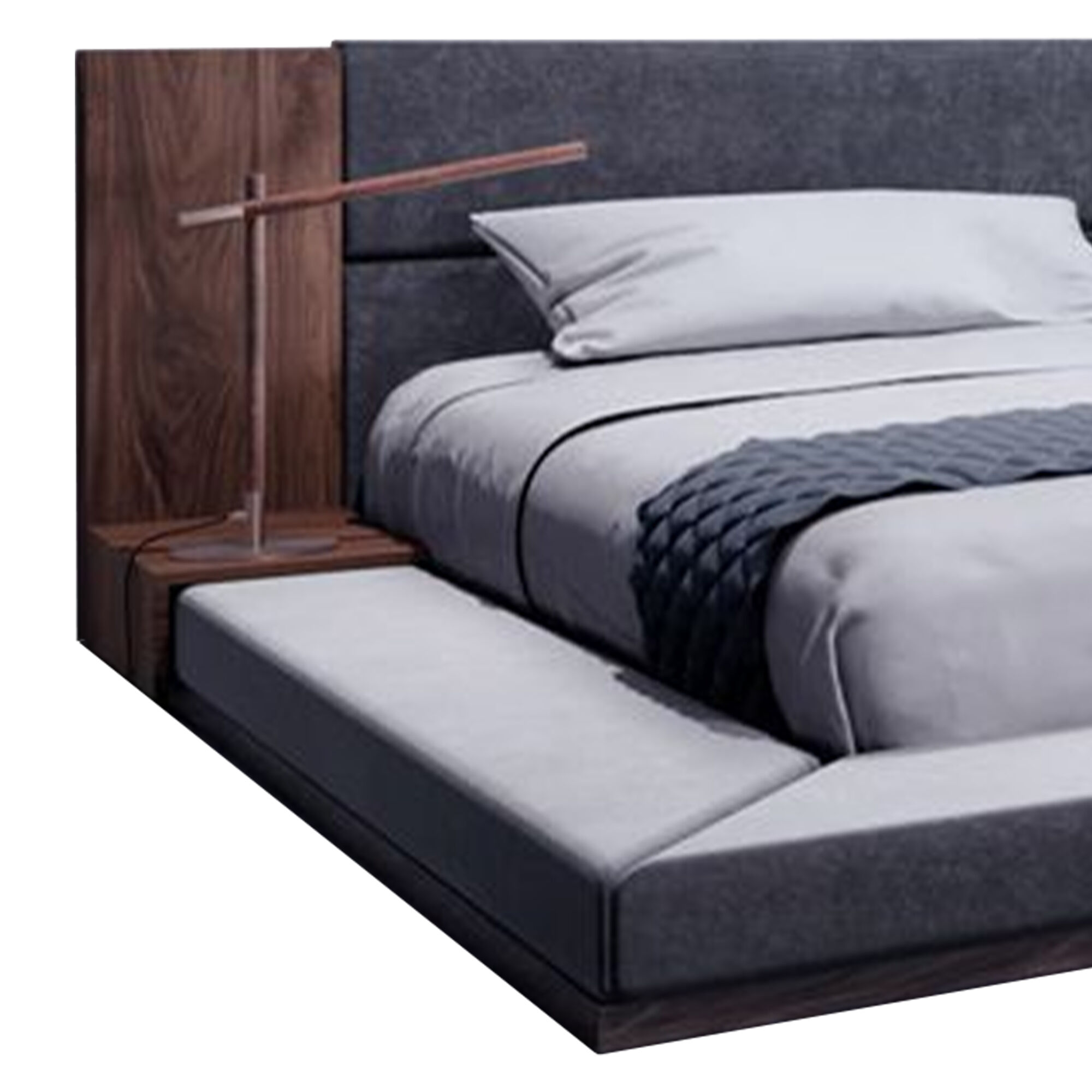 Noe Zen Japanese Low Profile Queen Bed w Nightstand, Dark Gray, Walnut