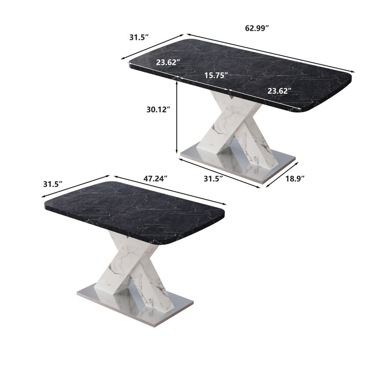 Modern Square Dining Table, Stretchable, Printed Black Marble Tabletop+MDF White X-Shaped Table Leg with Metal Base