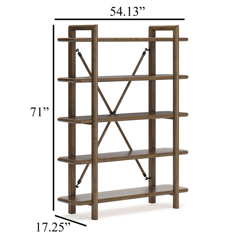 Rohan Bookcase w 5 Display Shelves, Brown Wood X Cross Back, 71 Inch - Benzara
