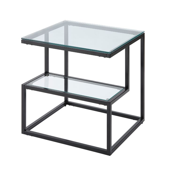 Elena End Table with 2-Tier Design, Glass Top and Shelf, Black Metal