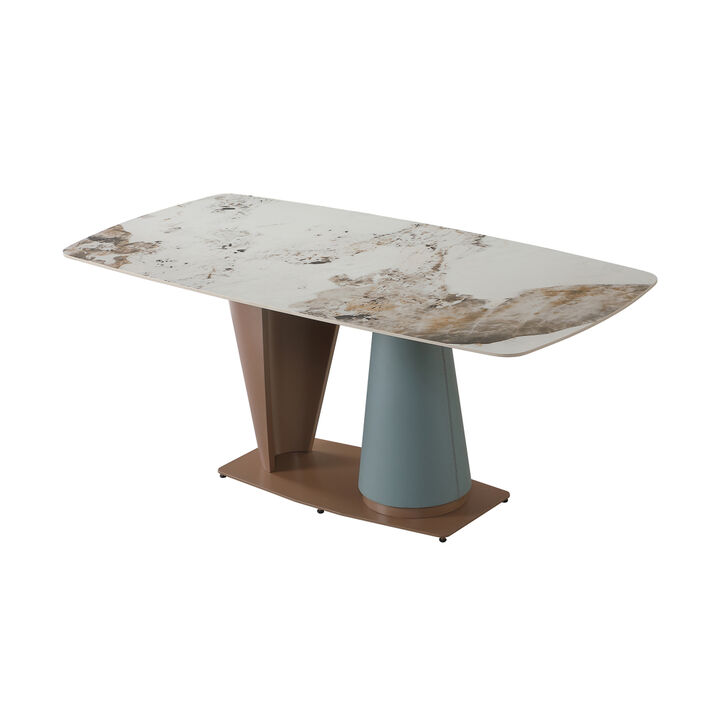 71" Pandora color sintered stone dining table with cone Shaped Pedestal Base in champagne and blue color