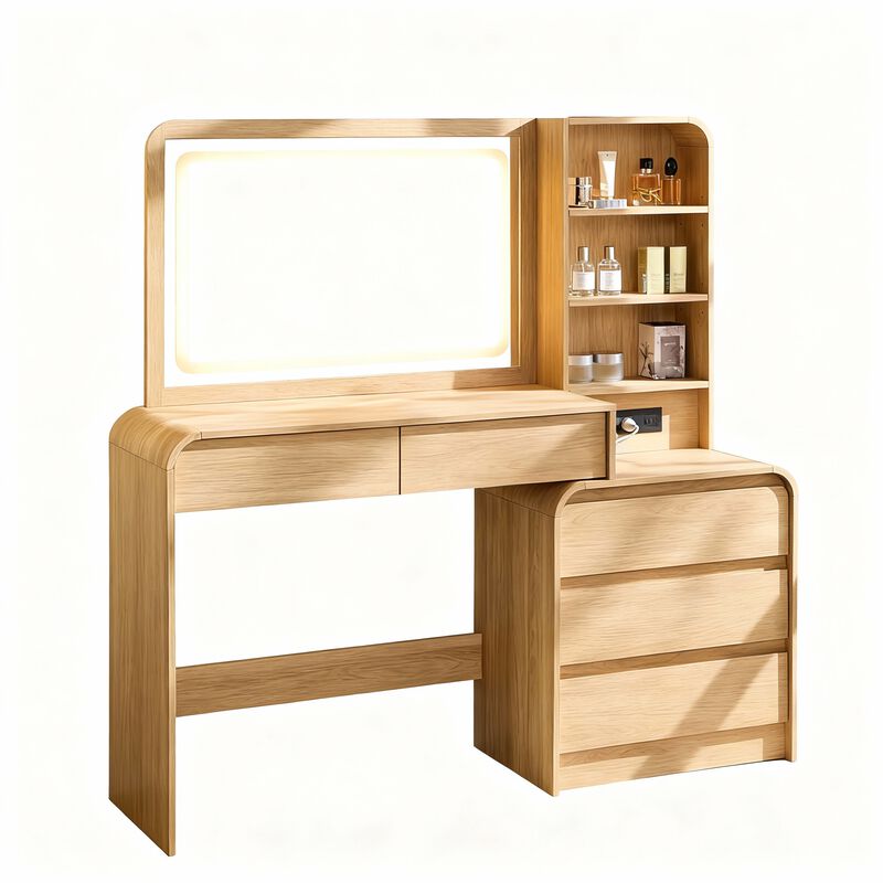 50" Vanity Desk with 35.4" LED Mirror, 3 Lights, 5 Drawers & Charging Station image number 0