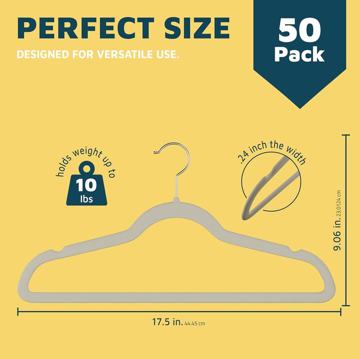 Velvet Non-Slip Hangers - 50 Pieces Non-slip Coat Hanger Set with 360&deg; Swivel Hook, Space-Saving, Sleek Design, Keep Closet Organized, Smooth Velvet Finish, Lightweight Construction - Ivory