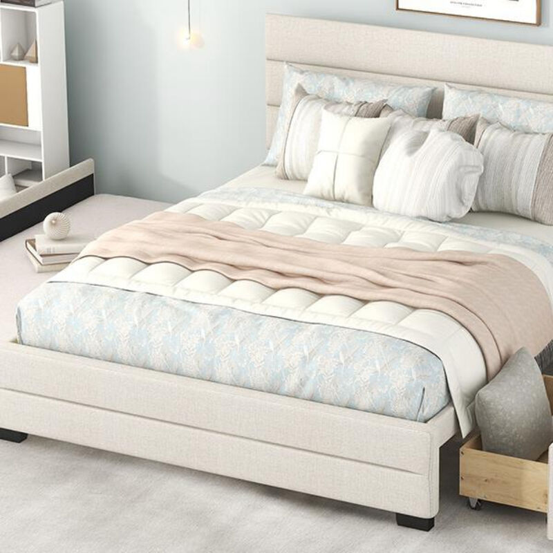 Platform Bed with Upholstered Headboard Trundle and Two Drawers