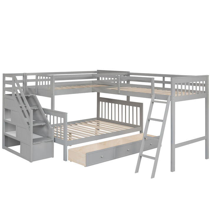 Merax Twin over Full L-Shaped Bunk Bed With 3 Drawers, Ladder and Staircase