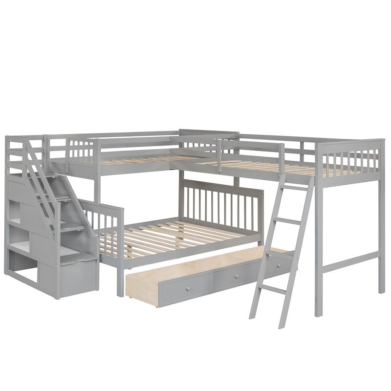 Merax Twin over Full L-Shaped Bunk Bed With 3 Drawers, Ladder and Staircase