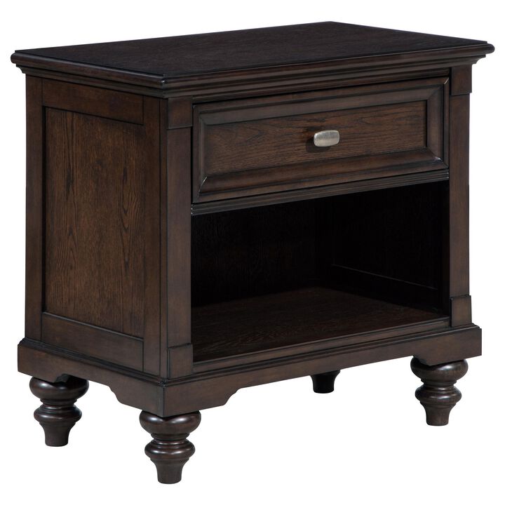 Meon Nightstand w Drawer and Open Cubby Shelf, Dark Oak Brown Wood - Benzara