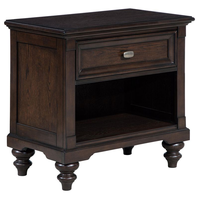 Meon Nightstand w Drawer and Open Cubby Shelf, Dark Oak Brown Wood - Benzara