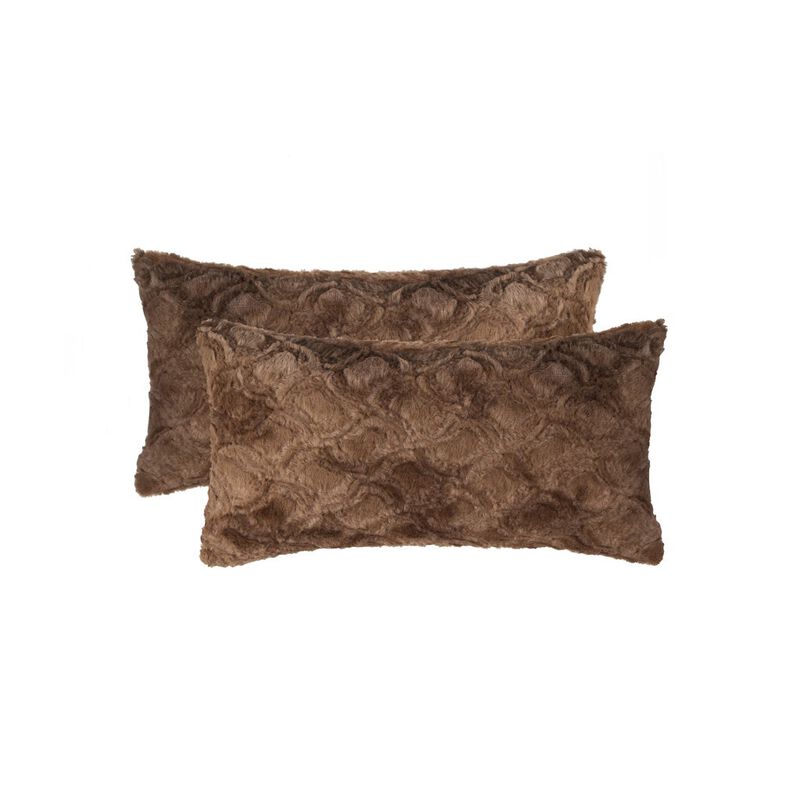 HomeRoots Set of Two 12" X 20" Brown Faux Fur Lumbar Throw Pillows image number 2
