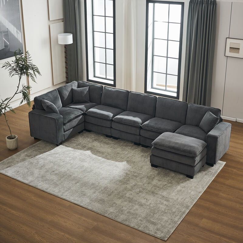 Merax Modern U Shaped 6-seat Sectional Sofa Couch with one Ottoman and three toss pillows