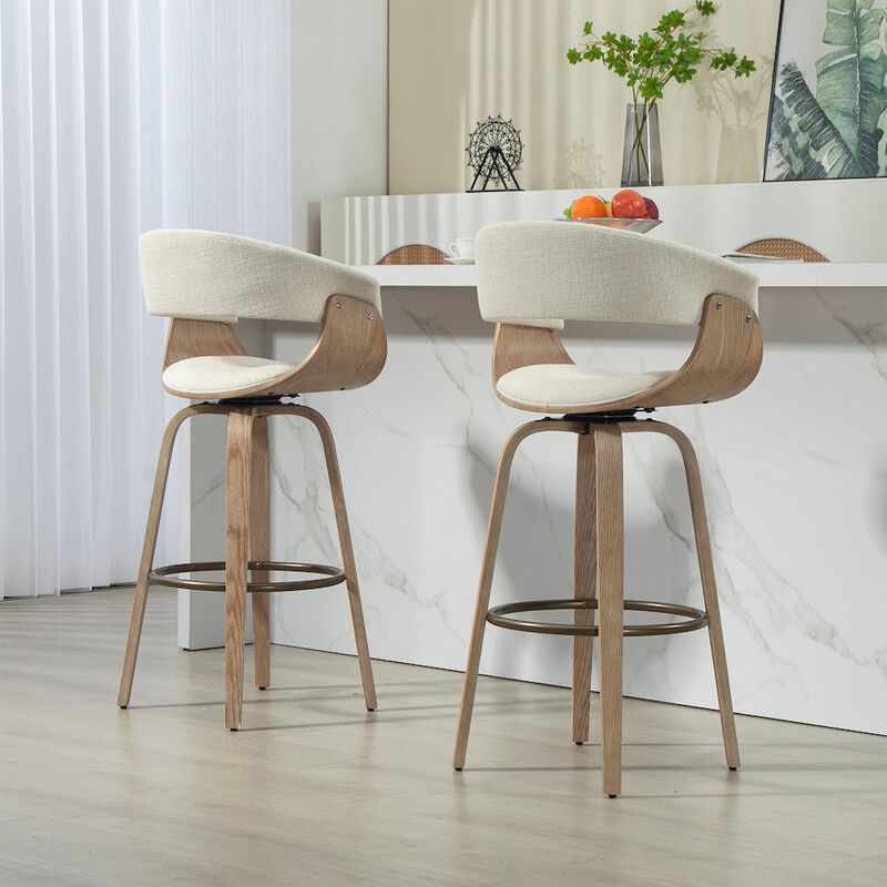 Glamour Home Berkeley Beige Upholstered Fabric Bar Stool with Natural Wood Accent Legs