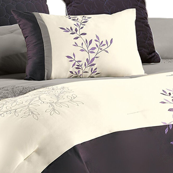 7 Piece Queen Polyester Comforter Set with Leaf Embroidery, Gray and Purple - Benzara