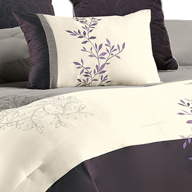 7 Piece Queen Polyester Comforter Set with Leaf Embroidery, Gray and Purple - Benzara