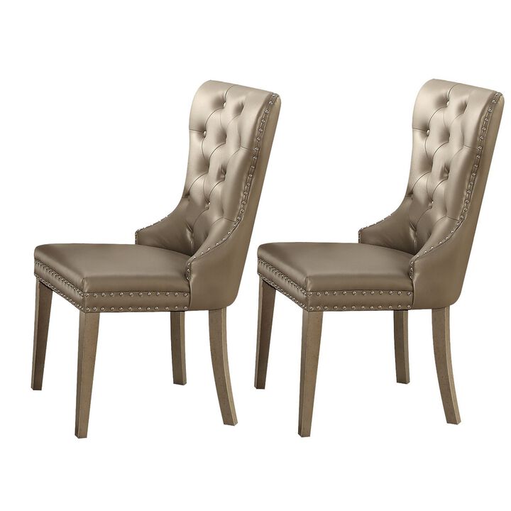 Leatherette Wooden Side Chair with Button Tufted Curved Back, Set of 2, Champagne Silver-Benzara
