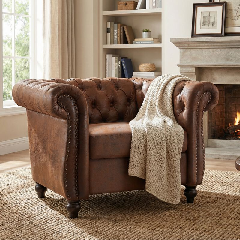 Whisen Classic Club Chair with Diamond Tufting, Scrolled Arms, and Wooden Legs image number 2