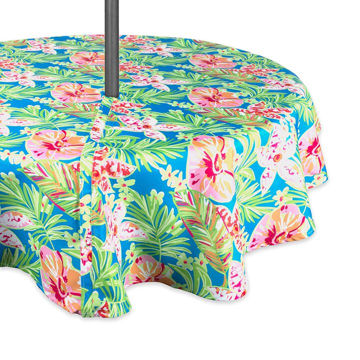 52" Green and Pink Floral Round Outdoor Tablecloth With Zipper