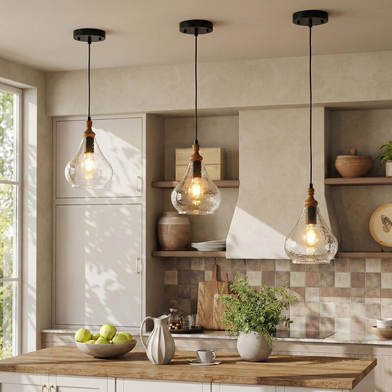 Farmhouse Seeded Glass Teardrop Pendant Lights, Wood Accent, Set of Three image number 9
