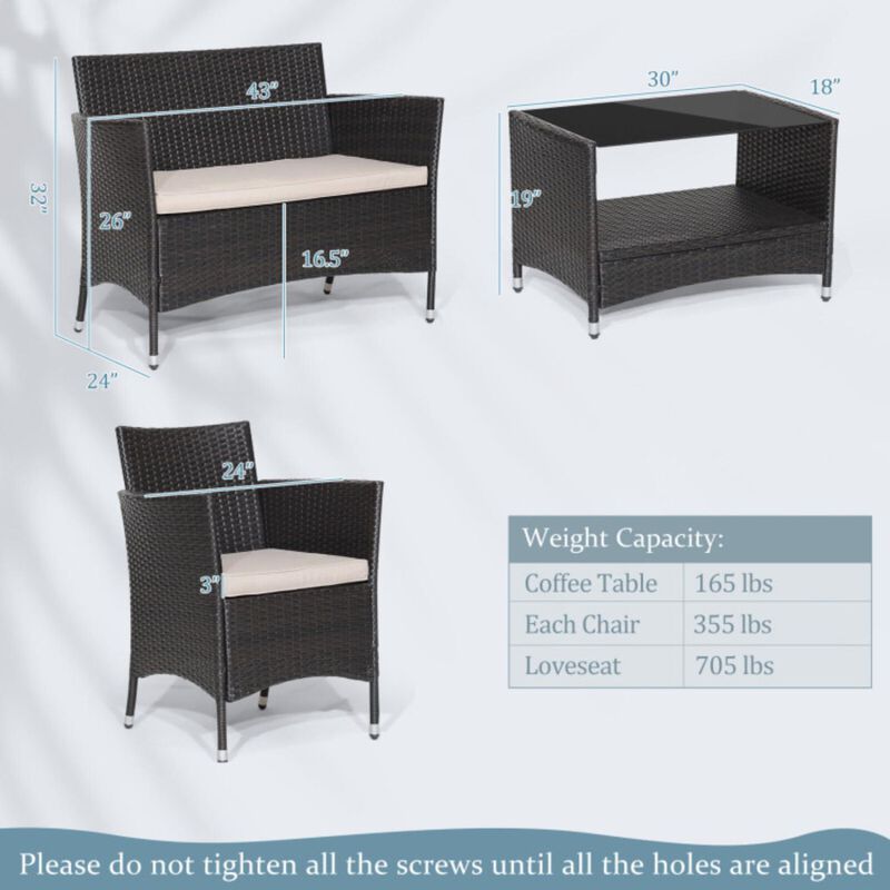 Hivvago 4 Pieces Patio Conversation Set with Soft Cushions and Tempered Glass Tabletop