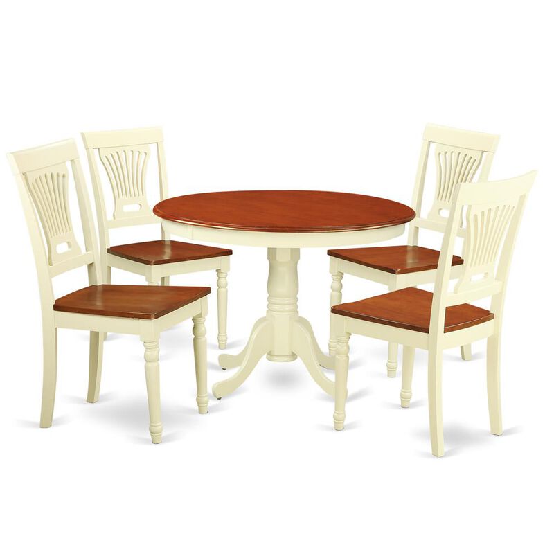 5 Pc set with a Round Small Table and 4 Leather Kitchen Chairs in Buttermilk and Cherry .