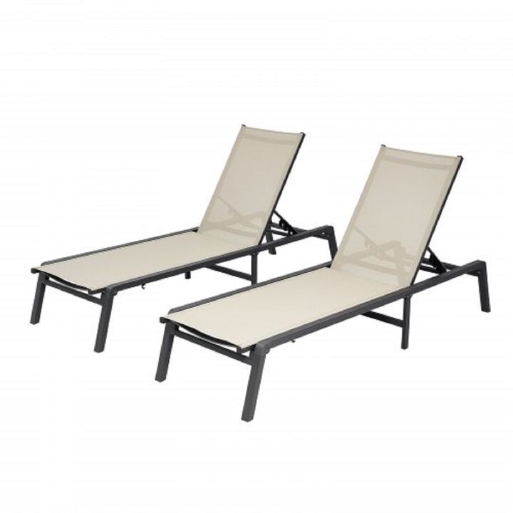 Outdoor Reclining Lounge Chairs Set of 2, Folding Sun Tanning Chairs with Adjustable Backrest-Beige