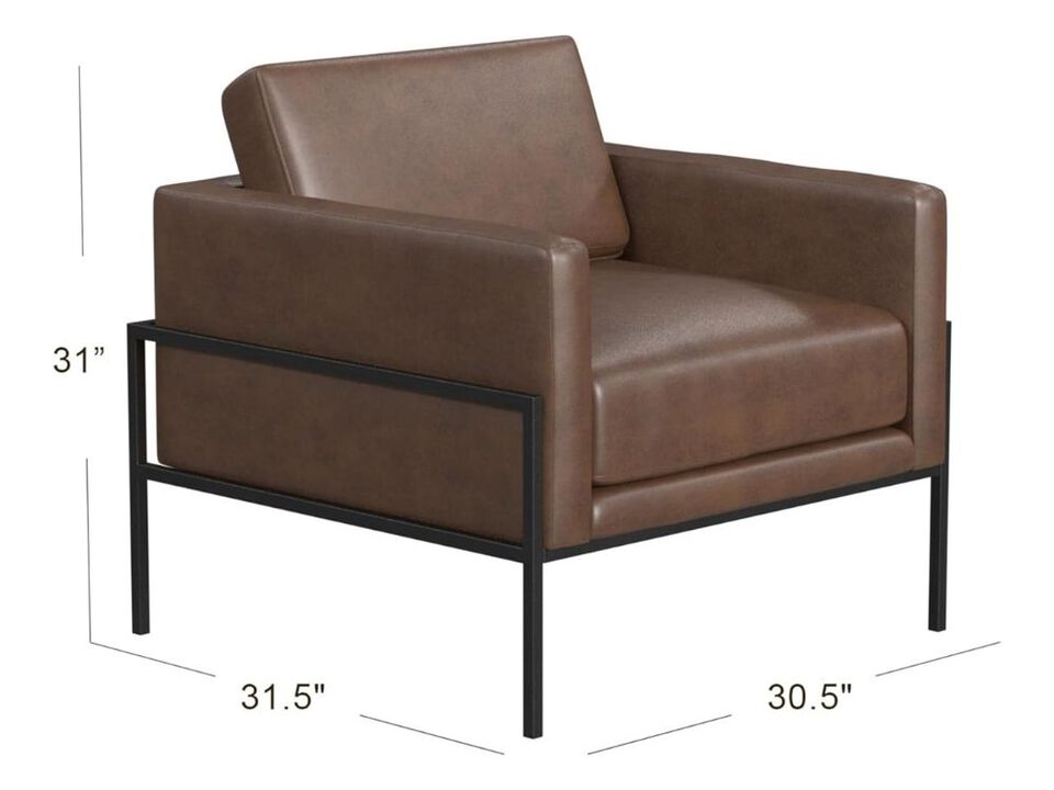 Accent Chair &ndash; Brown Faux Leather Armchair with Metal Frame & Wood Armrests