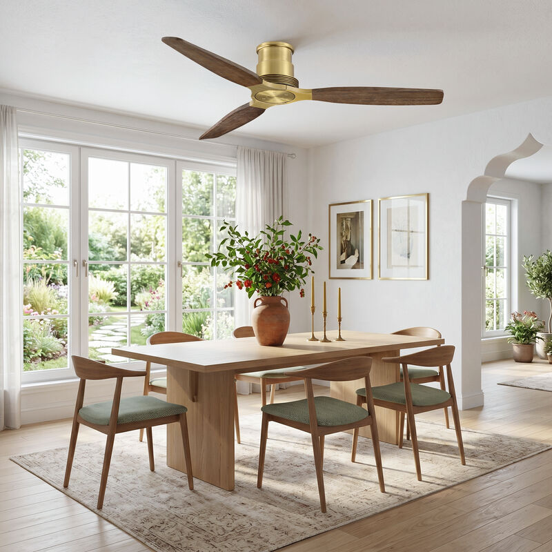 56" Soft Brass Mid Century Solid Wood Low Profile Reversible 6 Speed Flush Mount Ceiling Fan No Light with Remote image number 2